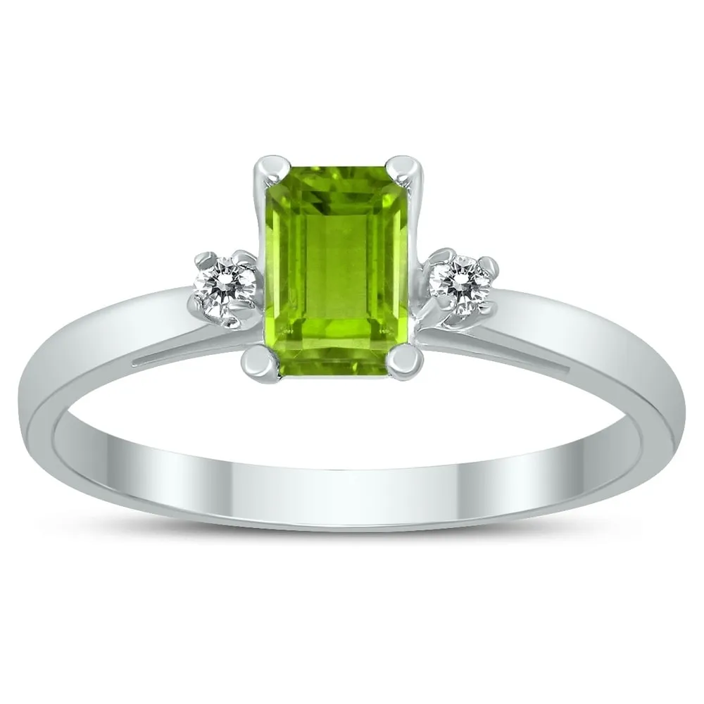 Emerald Cut 6X4MM Peridot and Diamond Three Stone Ring in 10K White Gold sold by Zulily