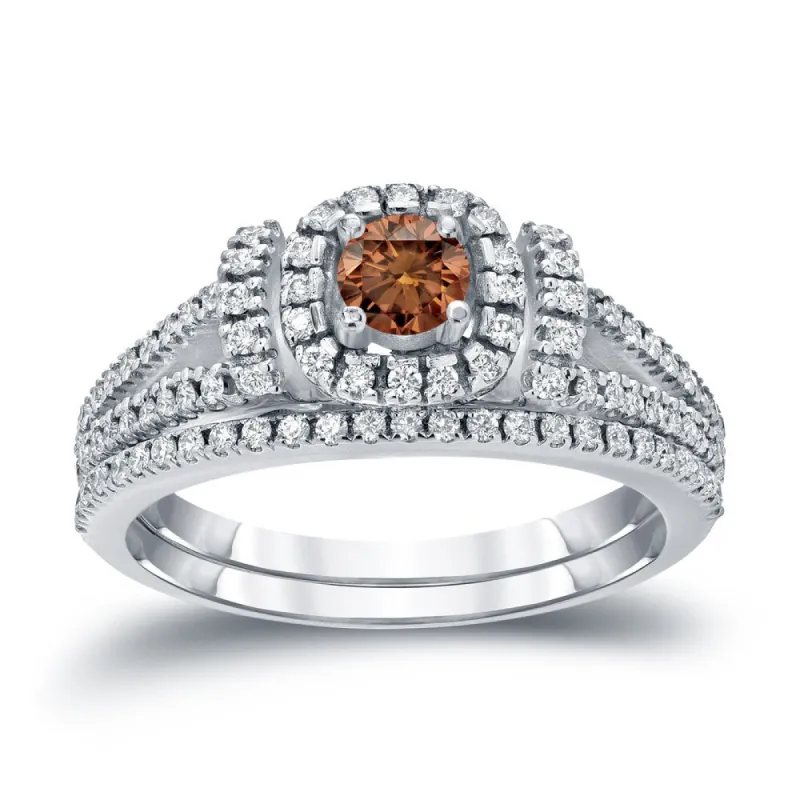 Auriya Modern 3/4ctw Round Halo Brown Diamond Engagement Ring Set 14kt Gold sold by Zulily