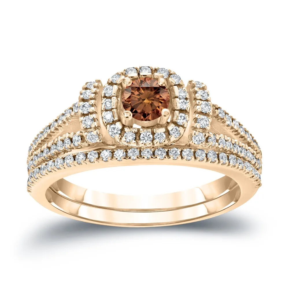 Auriya Modern 3/4ctw Round Halo Brown Diamond Engagement Ring Set 14kt Gold sold by Zulily product image thumbnail 2