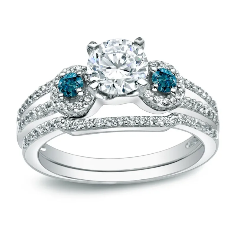 Auriya 14k Gold Round 1ctw 3-Stone Diamond Engagement Ring Set with Blue Diamond Accents sold by Zulily