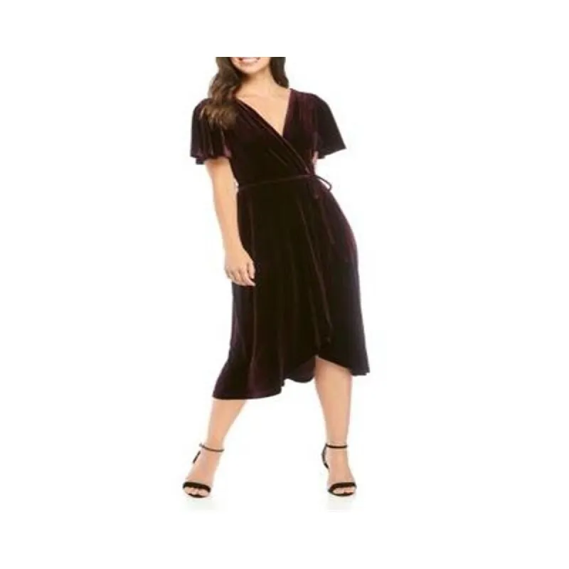 Vince Camuto Women's Short Flutter Sleeve Velvet Wrap Midi Dress Red Size 16 sold by Zulily