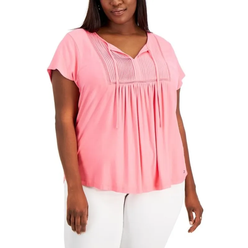 Tommy Hilfiger Women's Pintucked Ladder Tee Pink Size 1X made by Tommy Hilfiger