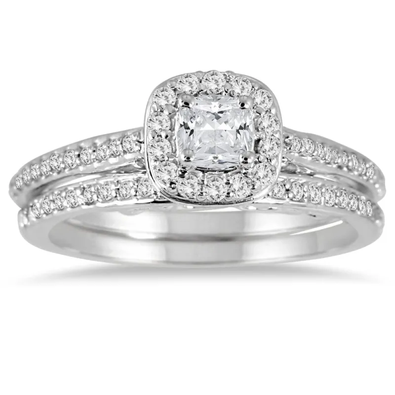 3/4 Carat TW Cushion Cut Diamond Halo Bridal Set in 14K White Gold sold by Zulily