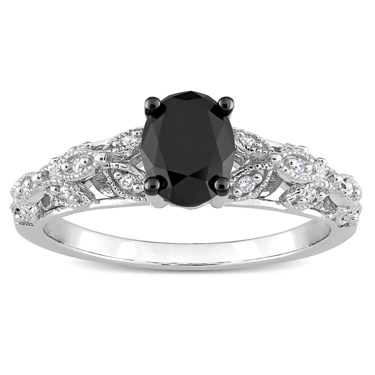 Miadora 1ct TDW Oval-cut Black and White Diamond Vintage Leaf Engagement Ring in 14k White Gold sold by Zulily product image thumbnail 2