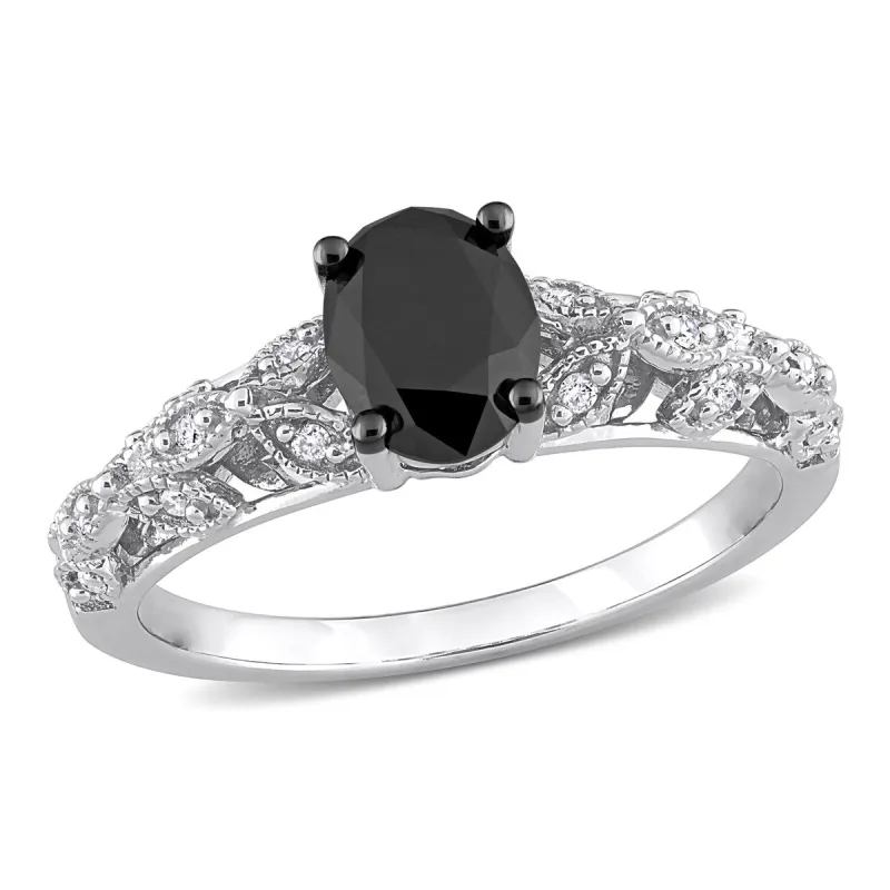 Miadora 1ct TDW Oval-cut Black and White Diamond Vintage Leaf Engagement Ring in 14k White Gold sold by Zulily