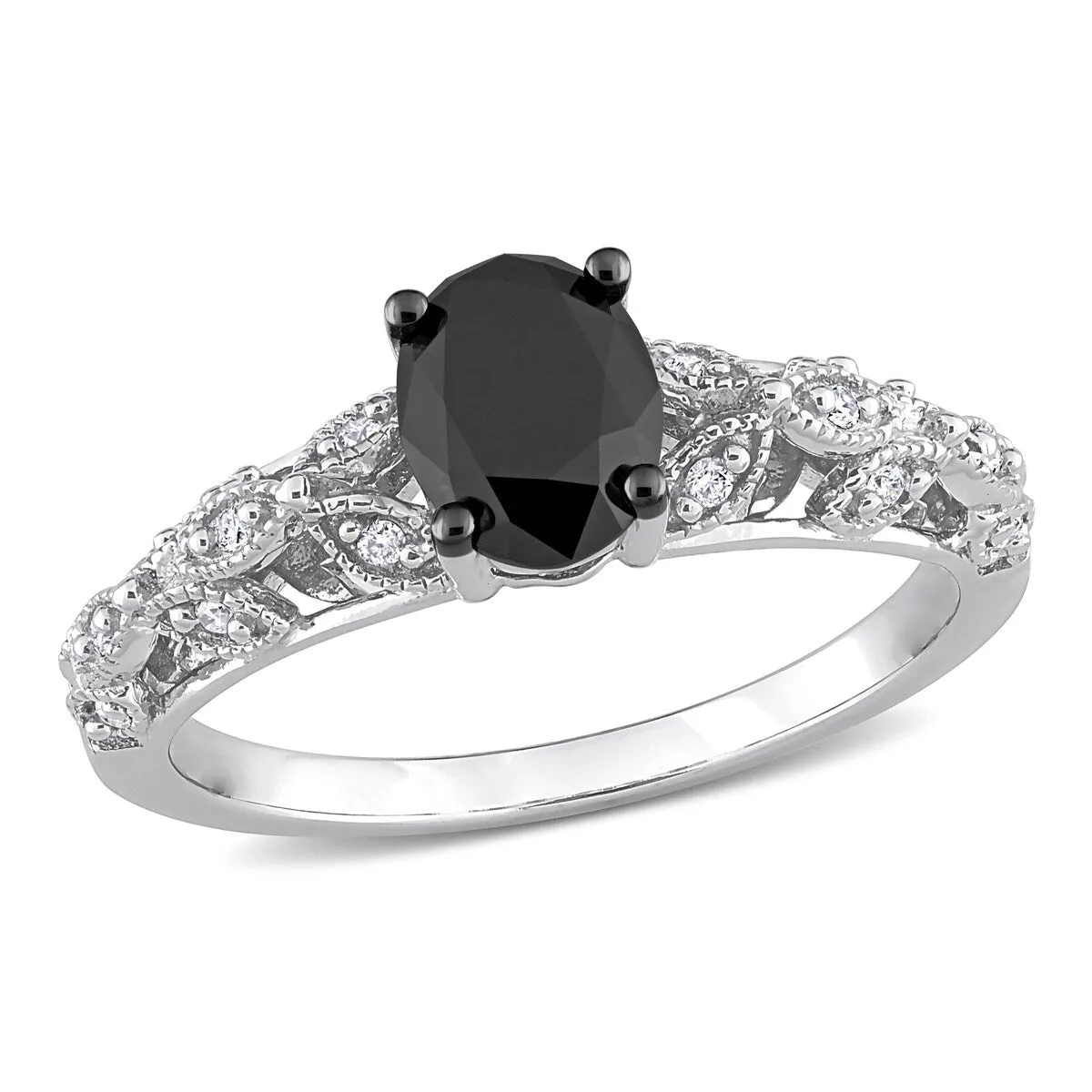 Miadora 1ct TDW Oval-cut Black and White Diamond Vintage Leaf Engagement Ring in 14k White Gold sold by Zulily