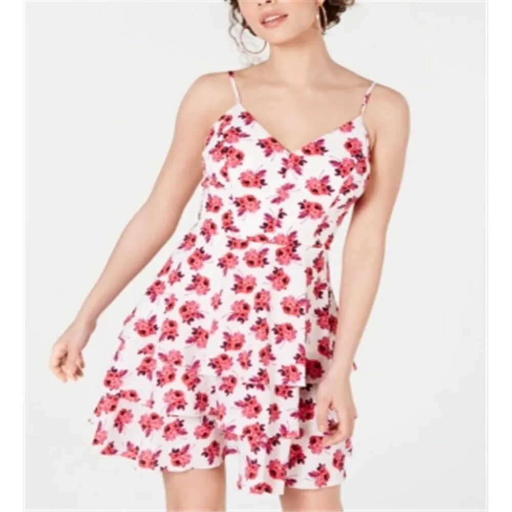 B DARLIN Women's Zippered Floral Spaghetti Strap V Neck Mini Layered Dress White Size 7-8 sold by Zulily product image thumbnail 3
