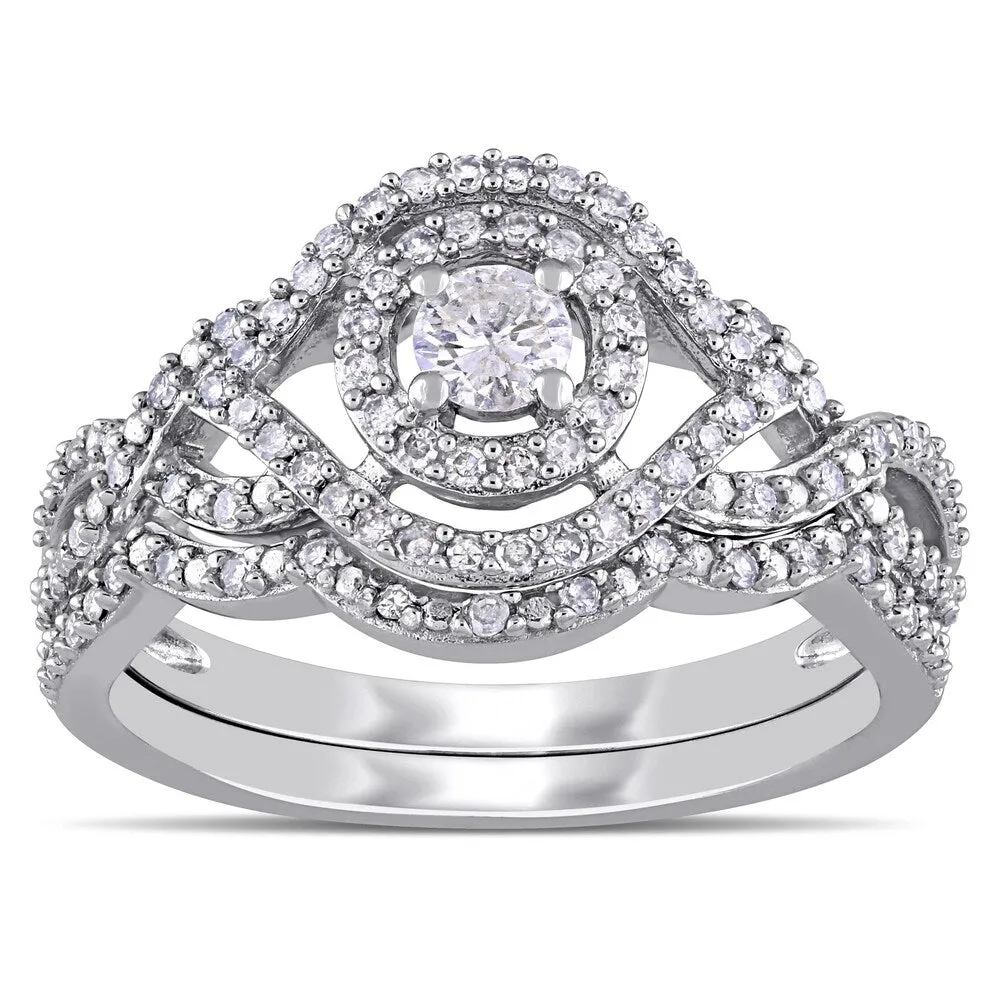 1/2ct TDW Diamond Halo Crossover Bridal Ring Set in 10k White Gold by Miadora sold by Zulily