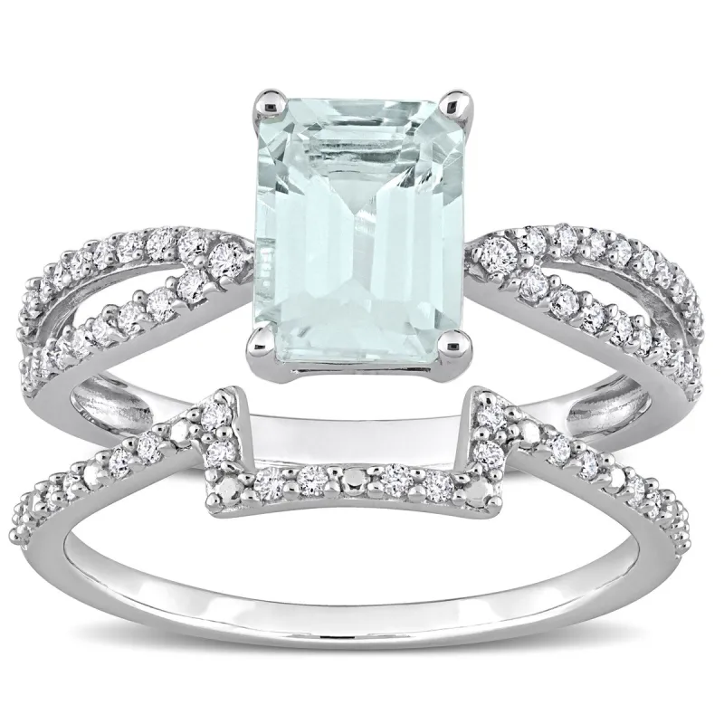 Miadora Octagon-cut Aquamarine and 1/3ct TDW Diamond Split Shank Bridal Ring Set in 14k White Gold sold by Zulily