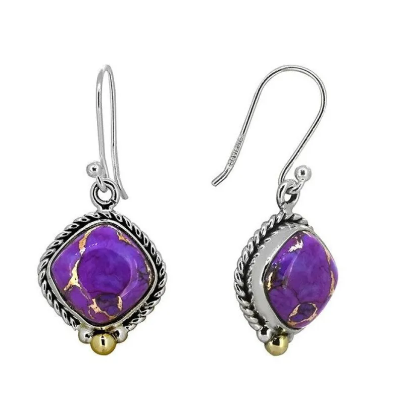 Purple Copper Turquoise Sterling Silver Twisted Rope Design Dangle Earrings with Brass Accents sold by Zulily