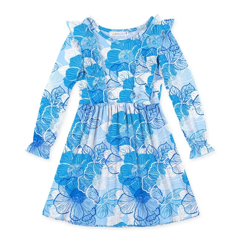 Blue & White Floral Print Ruffle-Accent Long-Sleeve A-line Dress sold by Zulily