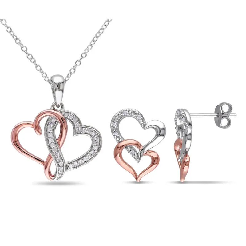 Miadora 2-Tone White and Rose Plated Sterling Silver 1/5ct TDW Diamond Double Heart Earrings and Necklace Set (G-H, I2-I3) sold by Zulily