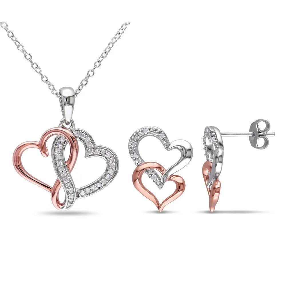 Miadora 2-Tone White and Rose Plated Sterling Silver 1/5ct TDW Diamond Double Heart Earrings and Necklace Set (G-H, I2-I3) sold by Zulily