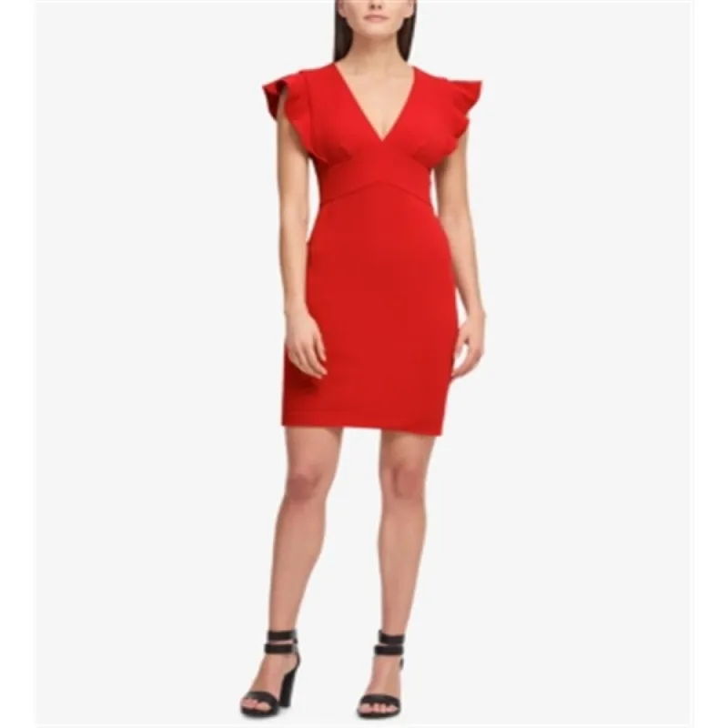 DKNY Women's V neck Sheath with Ruffle Sleeve Dress Red Size 4 sold by Zulily