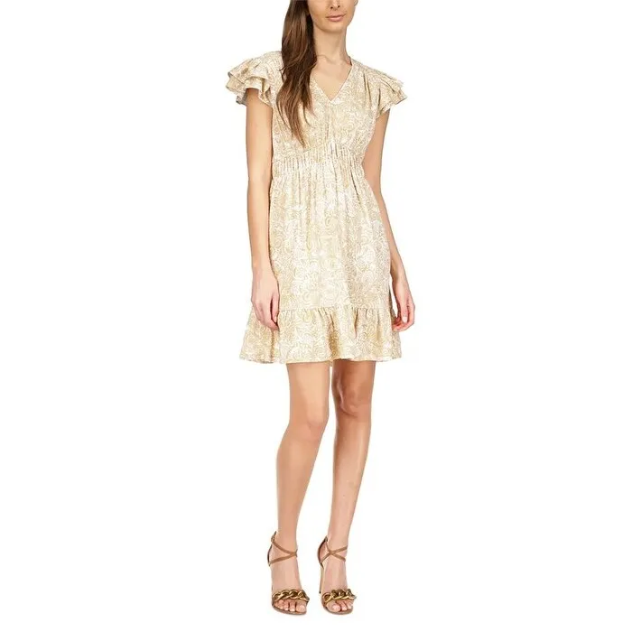 Michael Kors Women's Paisley Print Flutter Sleeve Mini Dress Brown Size Large sold by Zulily