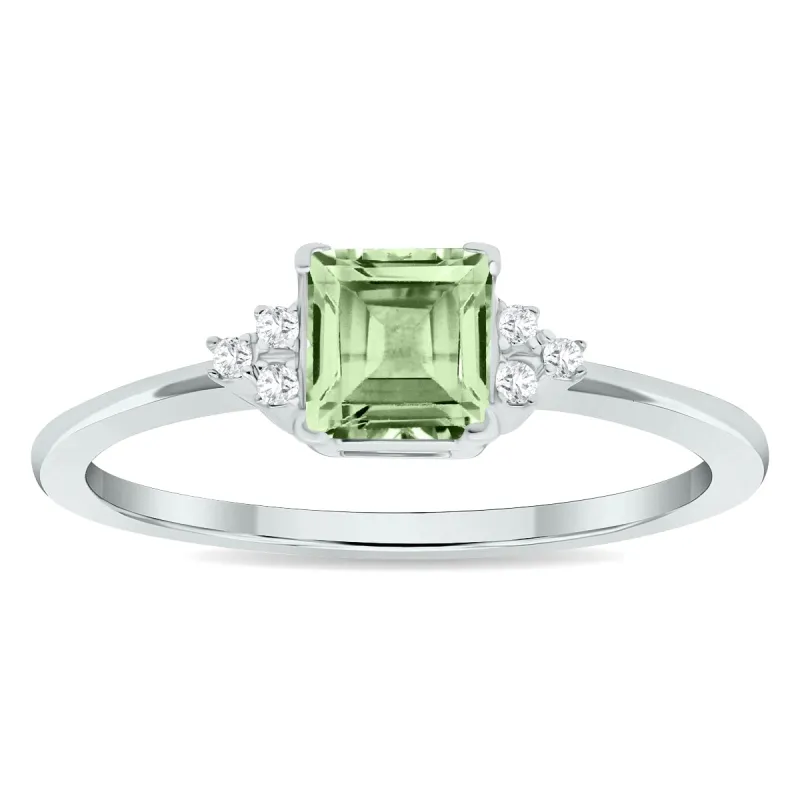 Women's Princess Cut Green Amethyst and Diamond Half Moon Ring in 10K White Gold sold by Zulily