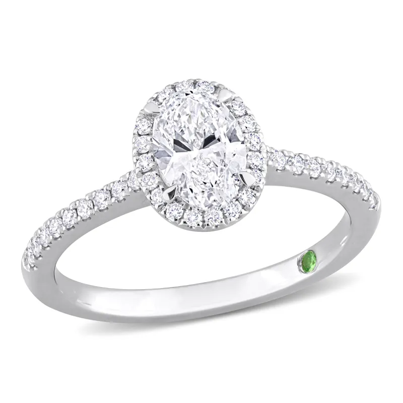 Created Forever 1ct TDW Oval-Cut Lab-Grown Diamond with Tsavorite Accent Halo Engagement Ring in 14k White Gold sold by Zulily