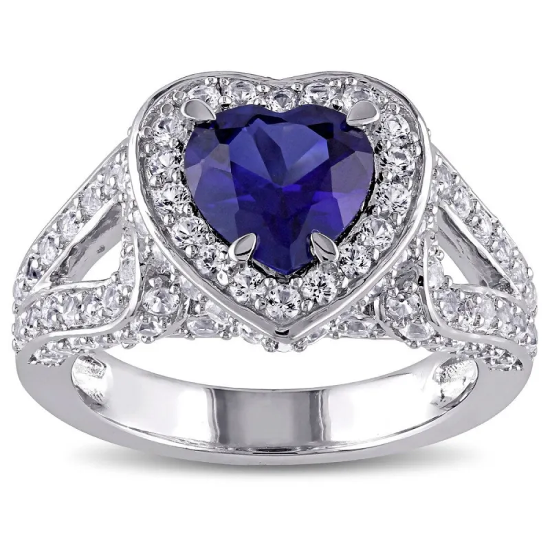 Miadora Sterling Silver Created Blue and White Sapphire Split Shank Heart Halo Ring sold by Zulily