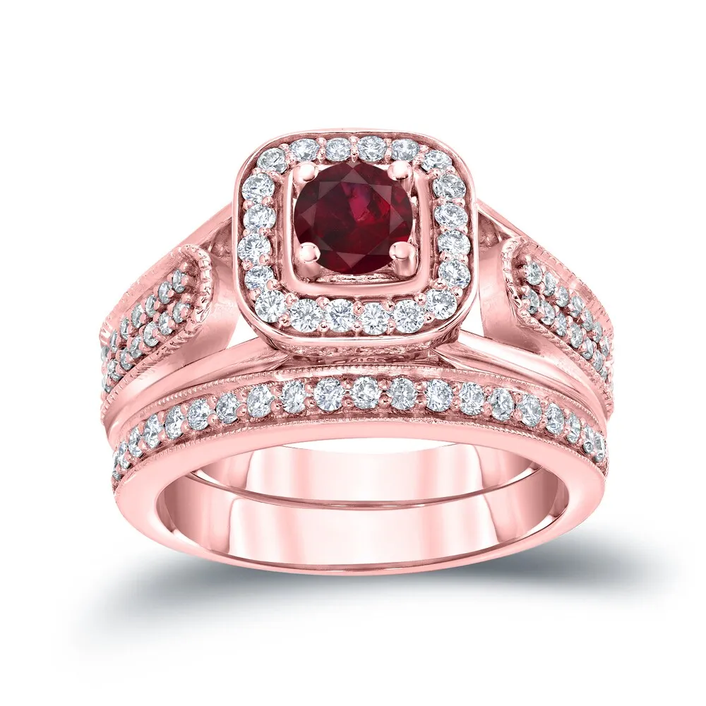 14k Gold 1/6ct Ruby and 1/2ct TDW Halo Diamond Engagement Ring Set sold by Zulily product image thumbnail 3