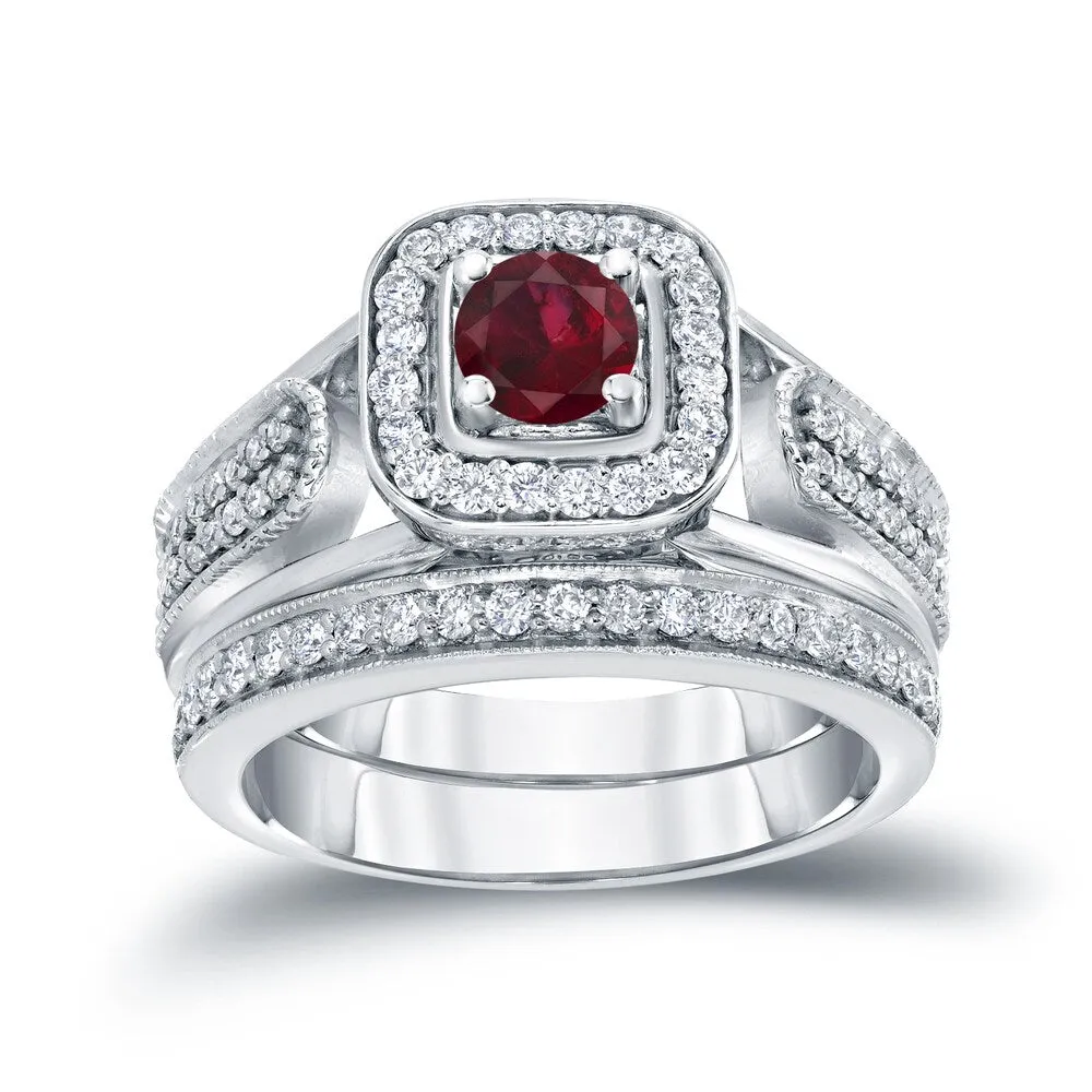 14k Gold 1/6ct Ruby and 1/2ct TDW Halo Diamond Engagement Ring Set sold by Zulily