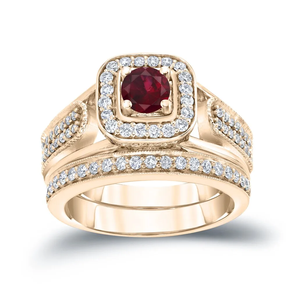 14k Gold 1/6ct Ruby and 1/2ct TDW Halo Diamond Engagement Ring Set sold by Zulily product image thumbnail 2
