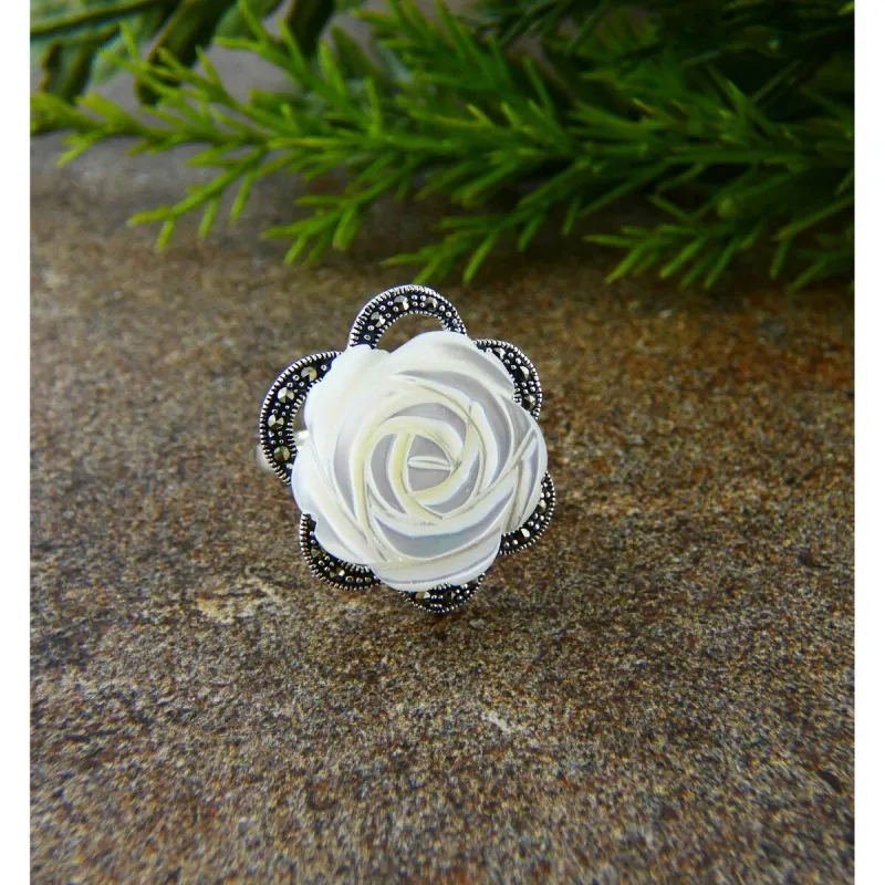 Tang & Song Mother of Pearl Carved Rose Flower and Marcasite Ring sold by Zulily