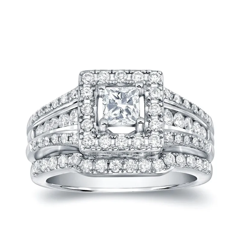 Auriya 14k Gold 1 3/8ctw Princess-cut Diamond Halo Engagement Ring Set sold by Zulily