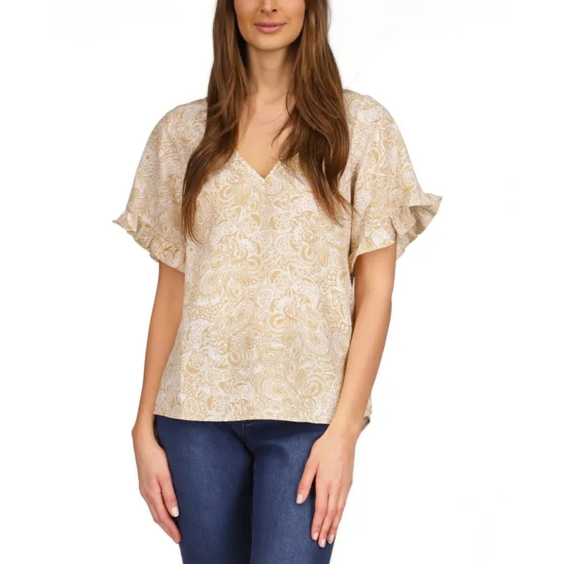 Michael Kors Women's Paisley Print Ruffled Sleeve Top Brown Size X-Large sold by Zulily
