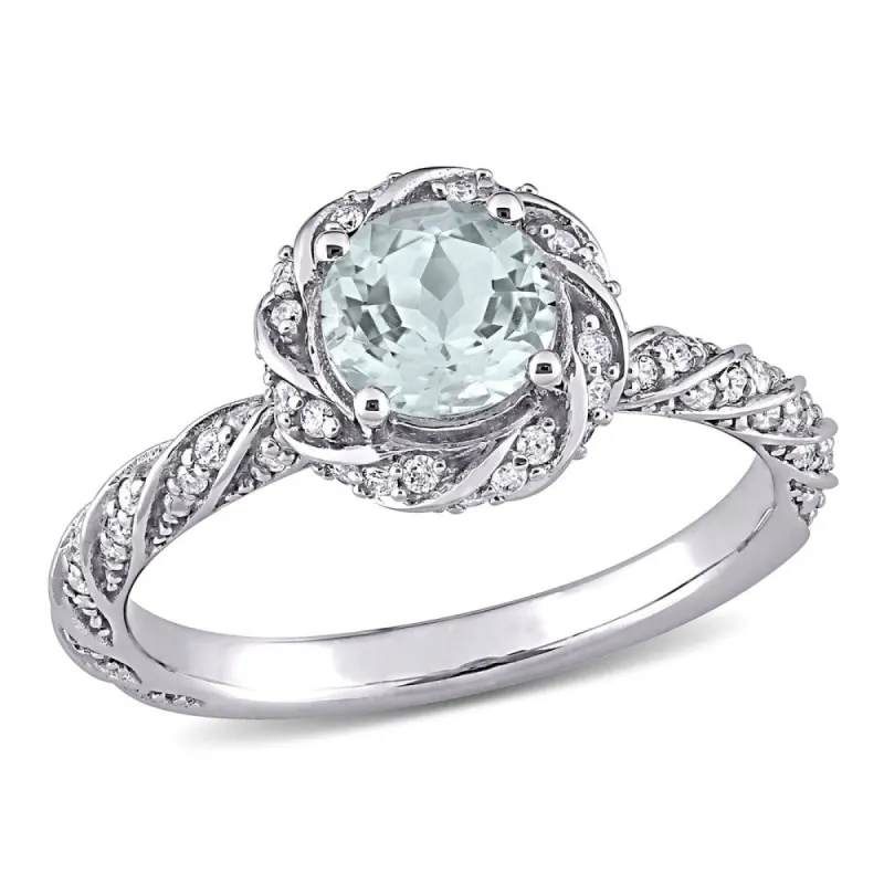 Miadora 14k White Gold Aquamarine 1/4ct TDW Diamond Swirl Halo Ring sold by Zulily