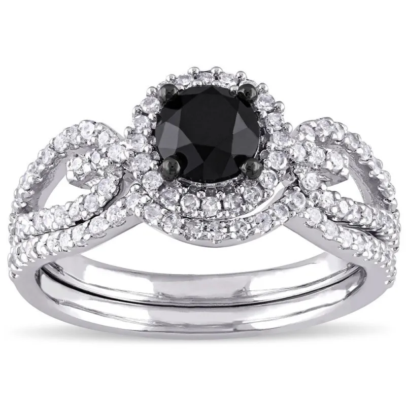 Miadora 10k White Gold 1 1/2ct TDW Black and White Diamond Halo Bridal Ring Set sold by Zulily