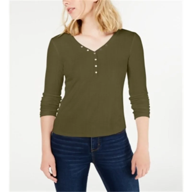 Hippie Rose Junior's Rib Knit Henley Top Green Size Small sold by Zulily