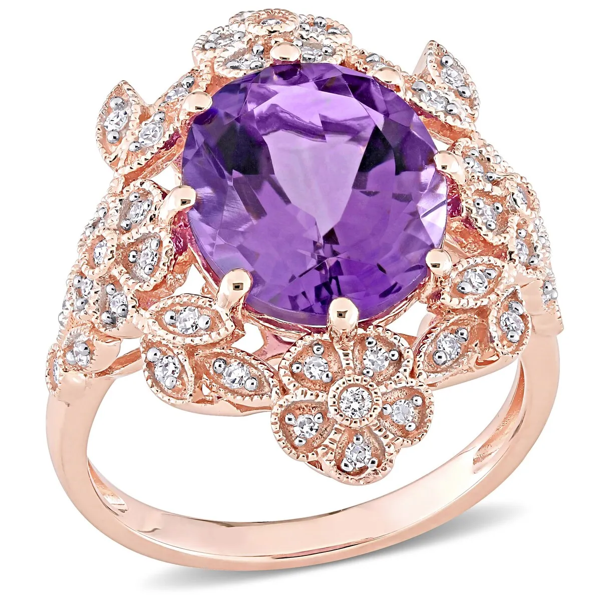 Miadora 14k Rose Gold Oval-cut Amethyst & 1/4ct TDW Diamond Vintage Floral Halo Cocktail Ring sold by Zulily