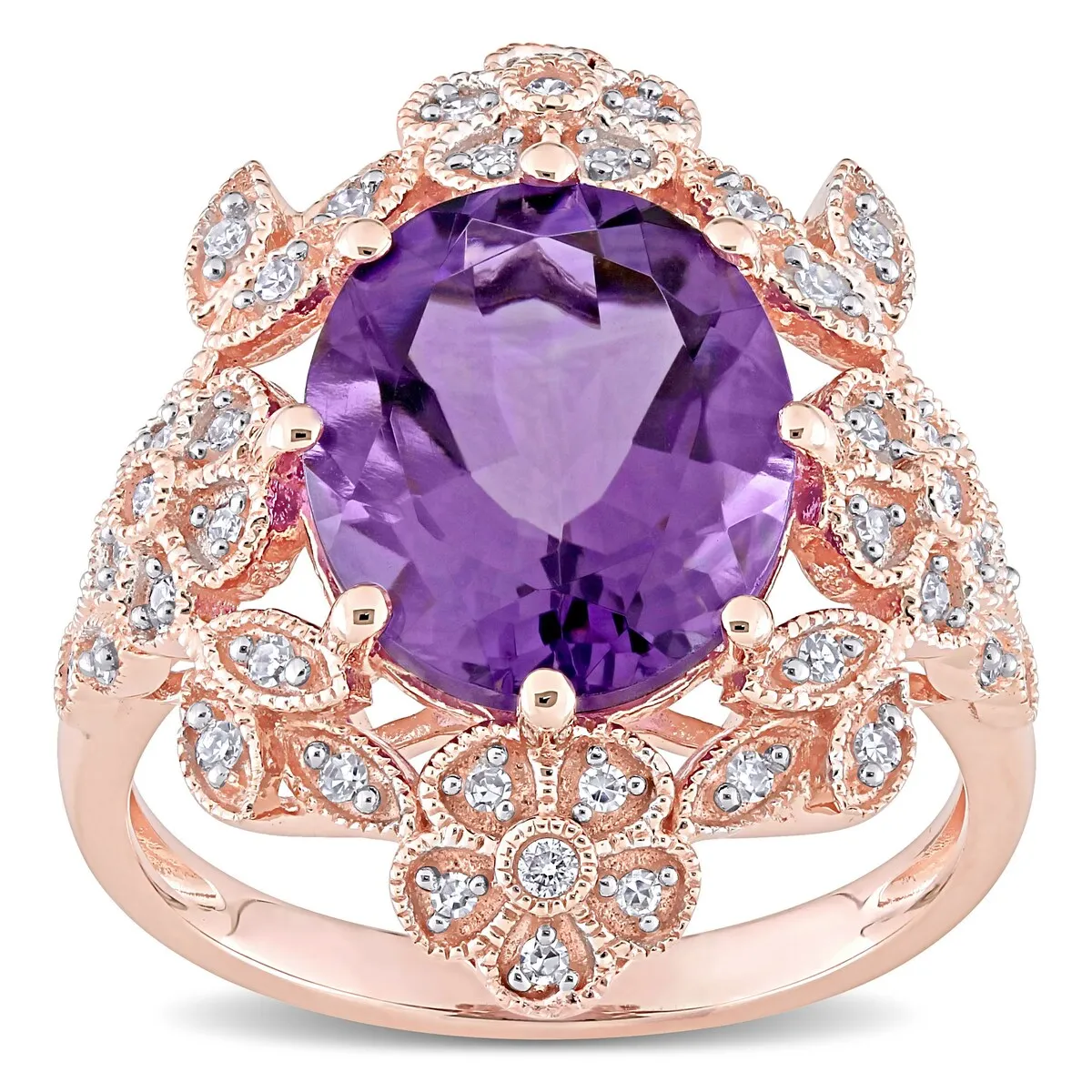 Miadora 14k Rose Gold Oval-cut Amethyst & 1/4ct TDW Diamond Vintage Floral Halo Cocktail Ring sold by Zulily product image thumbnail 2