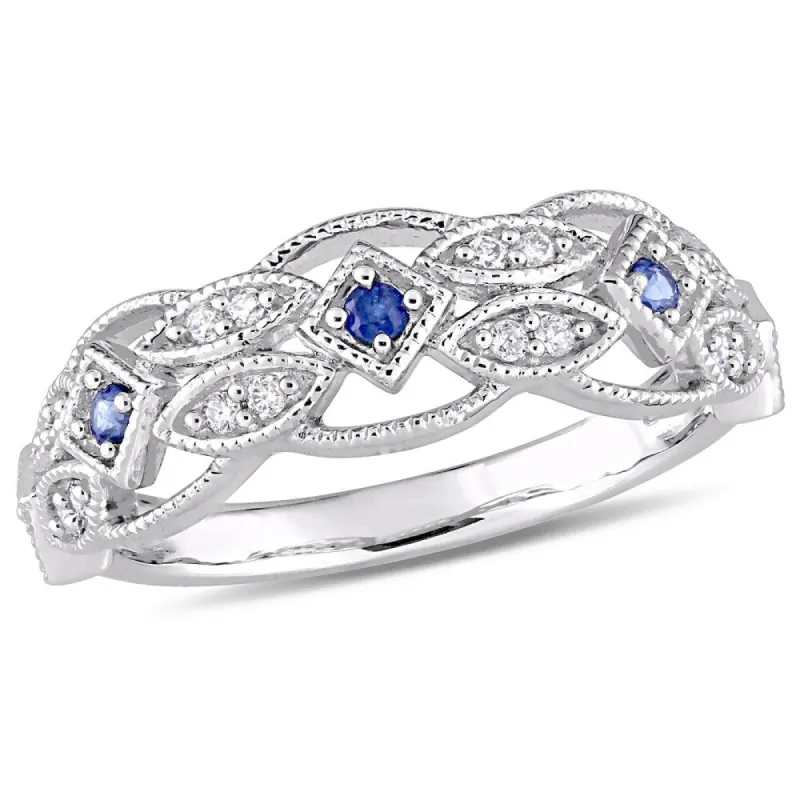 Miadora 10k White Gold Sapphire and 1/8ct TDW Diamond Vintage-Inspired Band sold by Zulily
