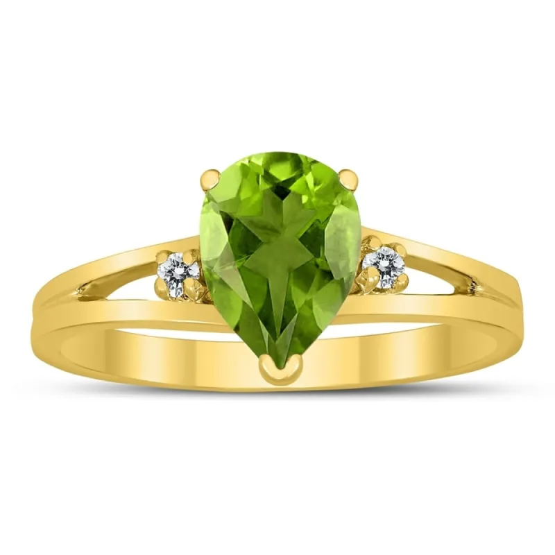 8X6MM Peridot and Diamond Pear Shaped Open Three Stone Ring in 10K Yellow Gold sold by Zulily