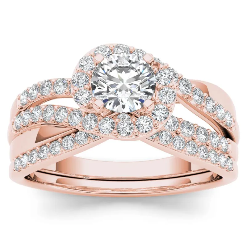 De Couer 14k Rose Gold 1ct TDW Diamond Bypass Halo Engagement Ring Set with One Band - Pink sold by Zulily