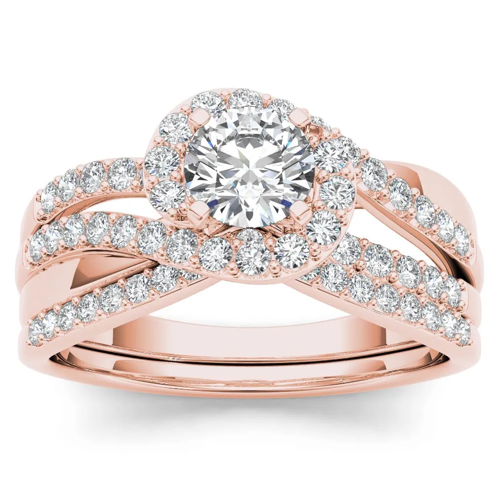 De Couer 14k Rose Gold 1ct TDW Diamond Bypass Halo Engagement Ring Set with One Band - Pink sold by Zulily