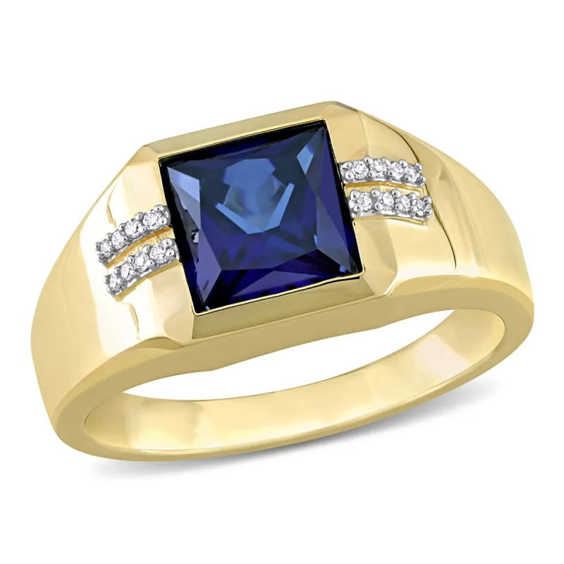 Miadora 3 CT TGW Square Created Blue Sapphire and Diamond Accent Mens Ring in 10k Yellow Gold sold by Zulily