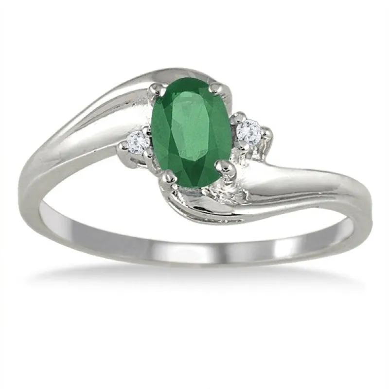 Emerald Gemstone and Diamond Wave Ring 14k White Gold sold by Zulily