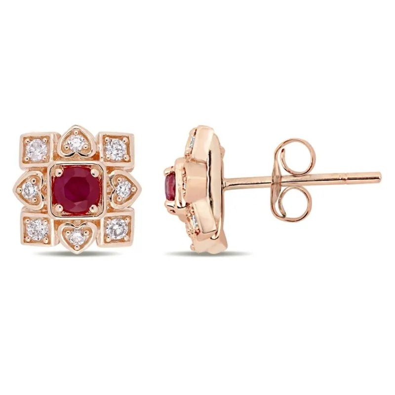 Miadora Signature Collection 10k Rose Gold Ruby and 1/5ct TDW Diamond Clustered Square Halo Artisanal Stud Earrings sold by Zulily