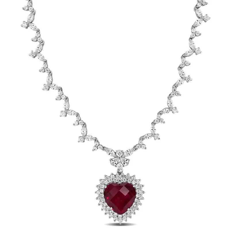 Miadora Sterling Silver 47ct TGW Red and White Cubic Zirconia Heart Halo Station Necklace - 18 inch x 24 mm x 10 mm sold by Zulily