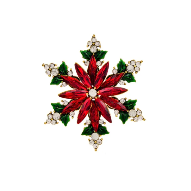 Don't AsK Red Poinsettia Holly Snowflake Brooch with Clear and Red Crystals sold by Zulily