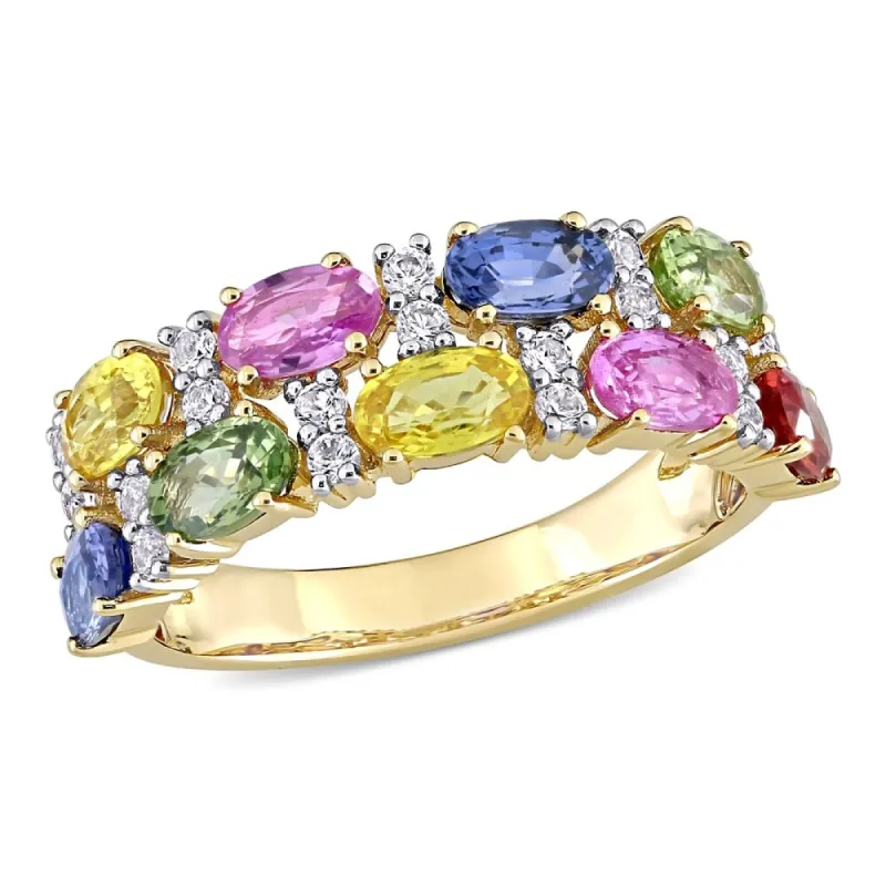 Miadora 14k Yellow Gold Oval-Cut Multi-Color Sapphire Semi-Eternity 2-Row Anniversary Band sold by Zulily