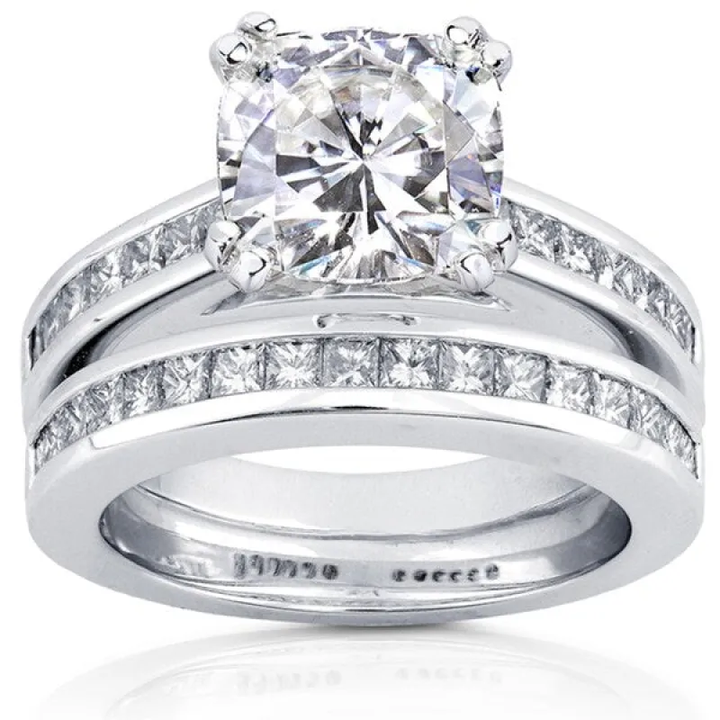 Annello by Kobelli 14k White Gold 3ct TGW Moissanite and Diamond Princess Channel Bands Bridal Rings Set sold by Zulily