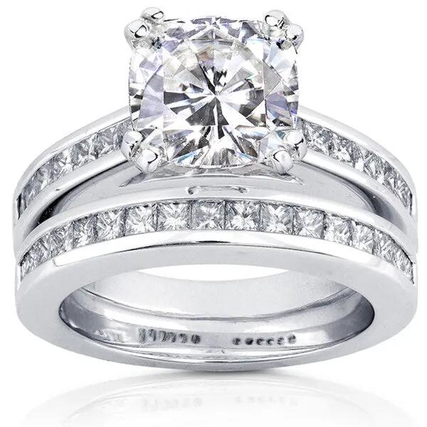 Annello by Kobelli 14k White Gold 3ct TGW Moissanite and Diamond Princess Channel Bands Bridal Rings Set sold by Zulily