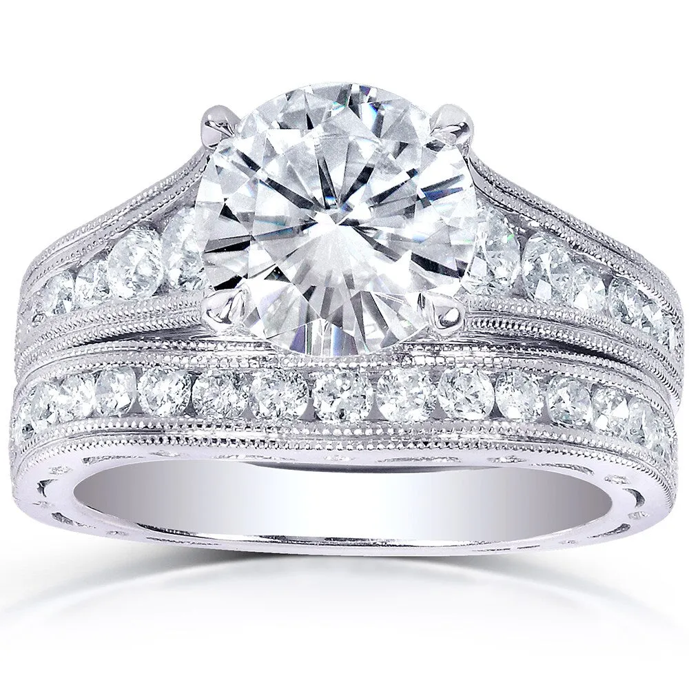 Annello by Kobelli 14k White Gold 2 4/5ct TGW Forever One DEF Moissanite and Diamond Channel Milgrain Vintage Bridal Set sold by Zulily product image thumbnail 2