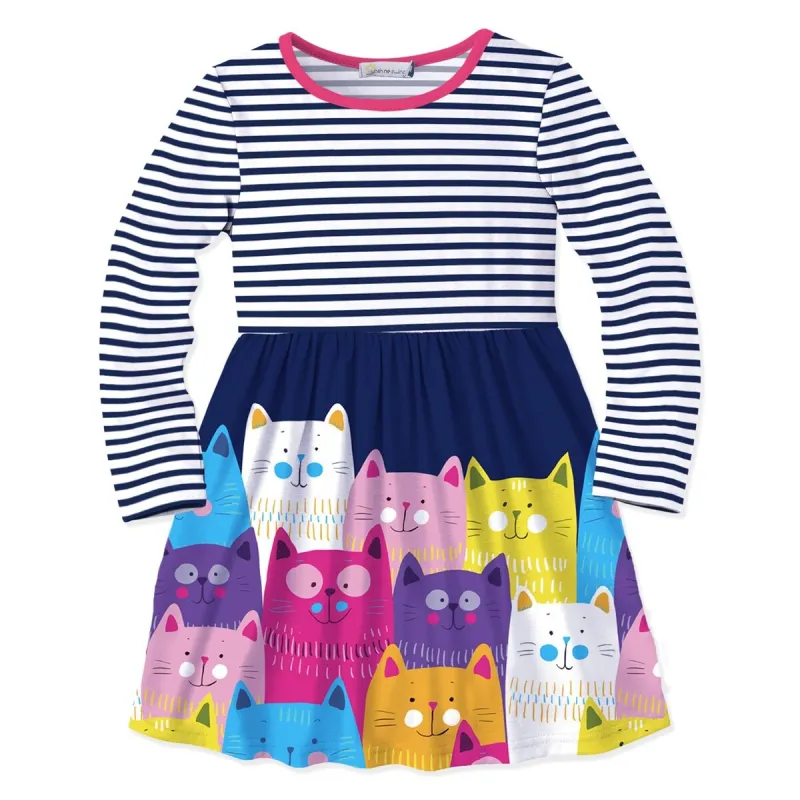 Dark Blue & Multi Color Cat & Stripe Print Skater Dress sold by Zulily