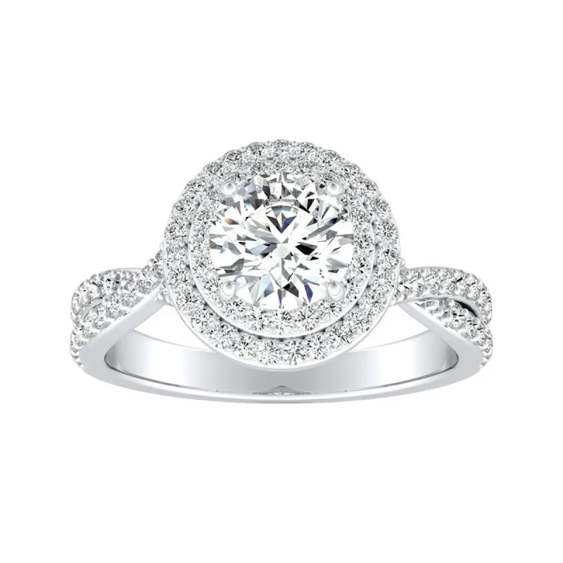 Auriya 14k Gold 3ct Round Moissanite and 3/8ct TDW Double Halo Diamond Engagement Ring sold by Zulily