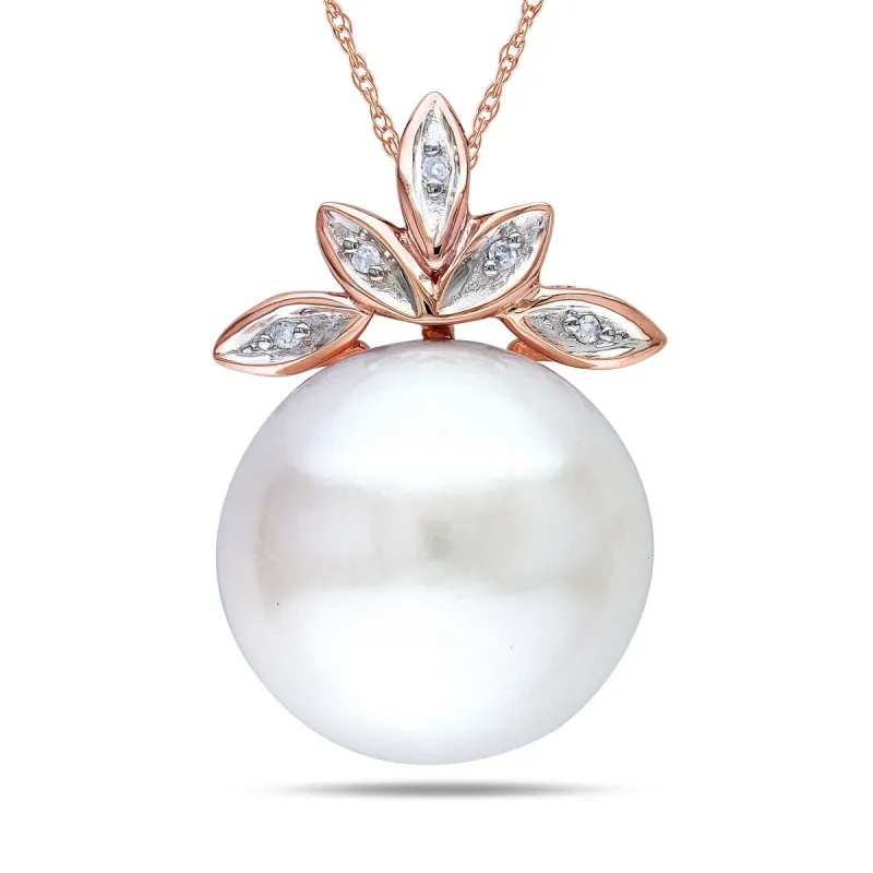 Miadora 11.5-12mm Cultured Freshwater Pearl and Diamond Leaf Pendant with Singapore Chain in 10k Rose Gold sold by Zulily
