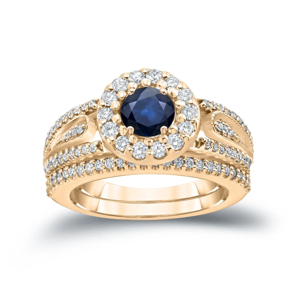 Auriya 1/4ct Blue Sapphire and 1/2ctw Halo Diamond Engagement Ring Set 14k Gold sold by Zulily product image thumbnail 2